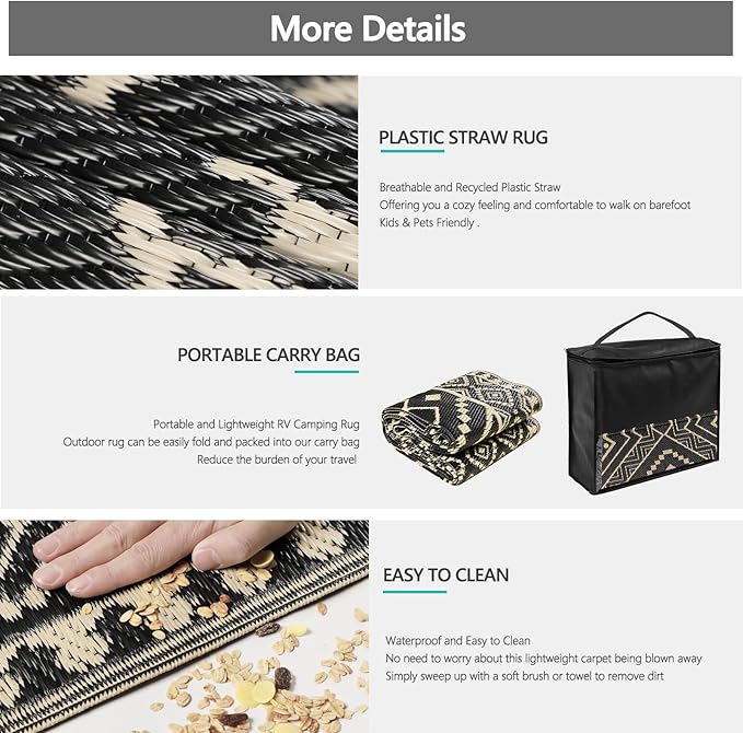 Waterproof Outdoor Rug 5x8 ft, Reversible Plastic Straw Mat, Large Floor Mat for Patio, Camping, Picnic, Backyard RV, Deck, Black