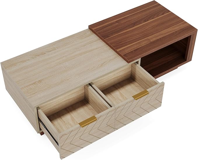 Tribesigns Extendable Coffee Table with 2 Storage Drawers, Dual-Tone Center Table with Sliding Tabletop, Multi-Functional Hidden Storage Wooden Rectangle Cocktail Table for Living Room (Walnut & Oak)