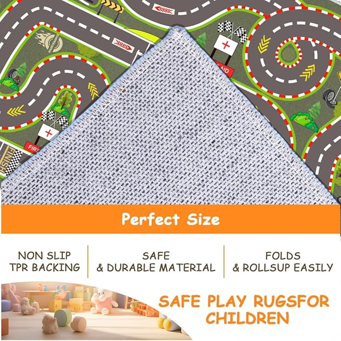 Kids Rug, Race Track Playmat Rugs 118×78 in Kids Carpet with Rubber Backing, Start and Finish line Racing Track Marking Car Road Race 3D Play Mat Nursery Rugs for Children Bedroom Playroom
