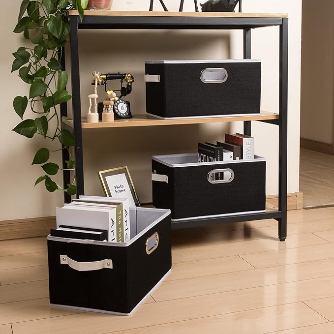 PRANDOM Fodable Storage Baskets for Closet [5-Pack] Decorative Fabric Storage Bins Cubes with Leather/Metal Handles for Shelves Bedroom Living Room Black (11.5x8.5x6.7 Inch)