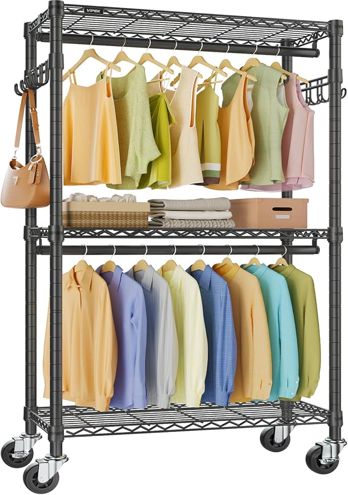 VIPEK R2 Heavy Duty Rolling Garment Rack 3 Tiers Adjustable Clothes Rack with Double Rods & Hooks, Freestanding Wardrobe Closet Storage Rack Metal Clothing Rack for Hanging Clothes, Black