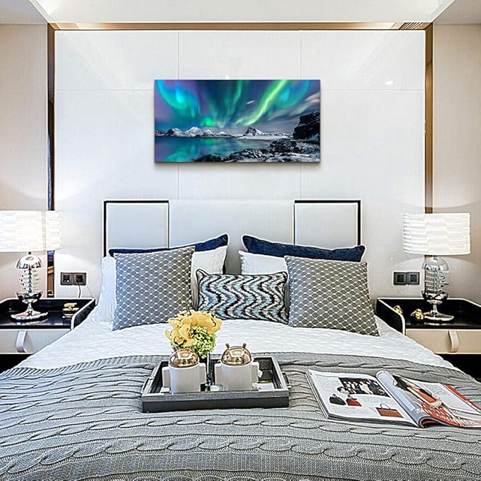 Farmhouse Wall Decor For Living Room Canvas Wall Art For Bedroom Blue Aurora Scenery Paintings Modern Bathroom Canvas Art Print Ready To Hang Office Pictures For Home Kitchen wall Decorations Artwork