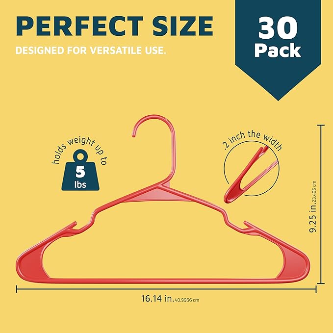 Plastic Clothes Hangers – Heavy Duty Hanger Set, for Organizing Clothes, Dresses, and Coat, Holds Up to 5 lbs, Space-Saving Hangers with Non-Slip Shoulder Grooves, Pack of 30, Red