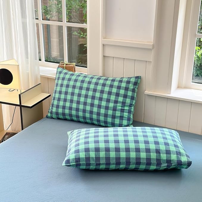 FACE TWO FACE Bedding Duvet Cover Set100% Washed Cotton Duvet Cover Linen Like Textured Breathable Durable Soft Comfy (California King, Blue Green Grid)