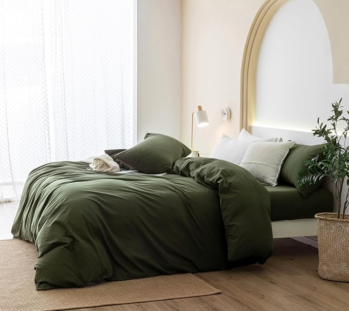 JIYUAN 100% Washed Cotton Duvet Cover Set 3 Pieces Super Queen, 1 Duvet Cover 90x98 Inches(Comforter Not Included) and 2 Pillowcases,Linen Feel Bedding Set Comfy and Breathable,Olive Green