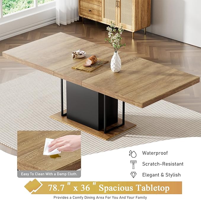 Goujxcy 78.7" Farmhouse Extendable Dining Room Table Set for 8, 9-Piece Rectangle Kitchen Dining Room Table Set with Wood Base and 8 Green Velvet Dining Chairs, Extending Kitchen & Dining Table Set