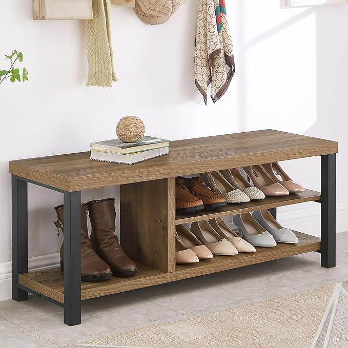 FOLUBAN Shoe Bench for Entryway, Wood and Metal Indoor Bench with Shoe Storage and Seating for Bedroom, Hallway, Living Room, Rustic Oak, 43.3 Inch