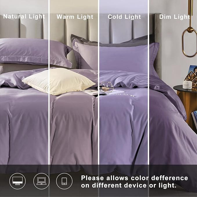 MILDLY 100% Long-Staple Cotton Duvet Cover Set Queen Size Purple Comforter Cover Sets Ultra Soft Bedding Set 3 PCS with Zipper Closure & Corner Tie (No Comforter)