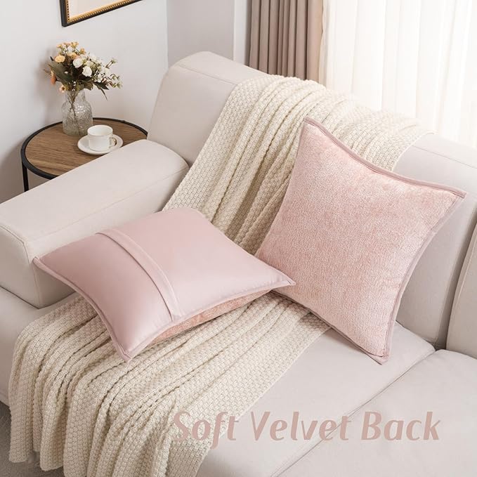 FUTEI Pink Chenille Throw Pillow Covers 18x18 Inch Set of 2,Soft Cozy Bound Edge Design Cushion Case,Home Decor for Couch Bed Living Room