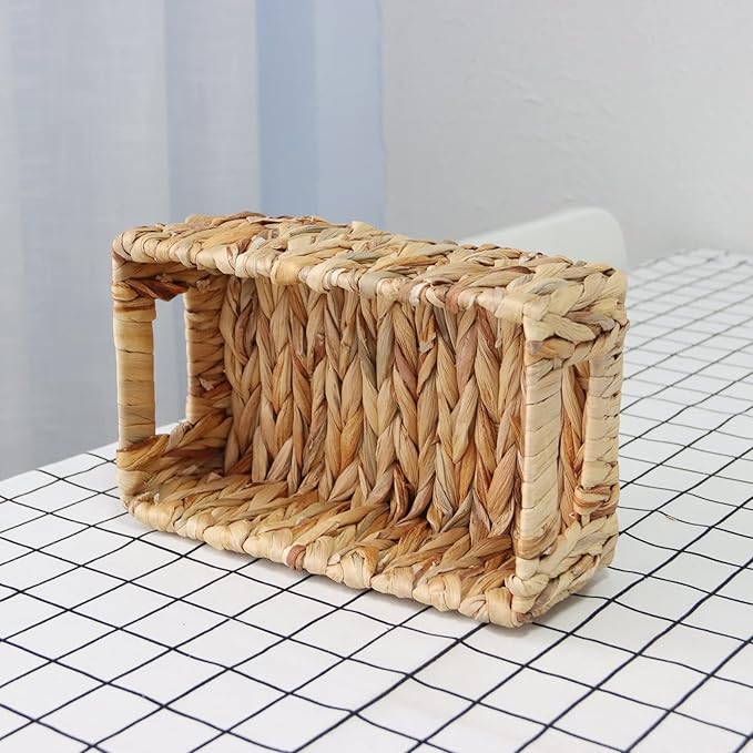 YAHUAN Woven Water Hyacinth Baskets for Organizing, Rectangular Wicker Baskets with Built-in Handles, Small Storage Baskets for Shelves, Kitchen, Make-Up,Toilet Tank Paper(Water Hyacinth 1-Pack)