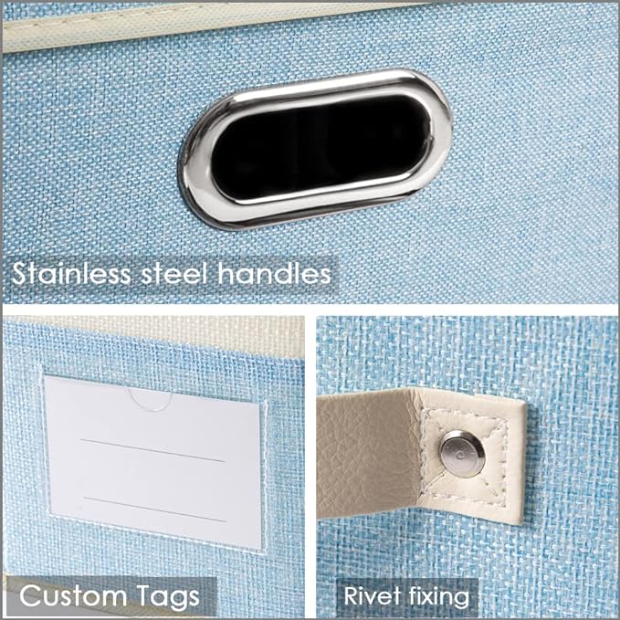 PRANDOM Fodable Storage Bins for Closet [3-Pack] Decorative Fabric Storage Baskets Cubes with Leather/Metal Handles for Shelves Bedroom Living Room Blue&Cream (11.5x8.5x6.7 Inch)