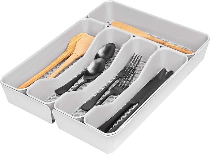 Spectrum HEXA 5-Divider Expandable Silverware Tray (Stone Gray) - In-Drawer Organizer for Kitchen Accessories, Cutlery, Knives, & More / Easy-to-Clean Home & Apartment Essential