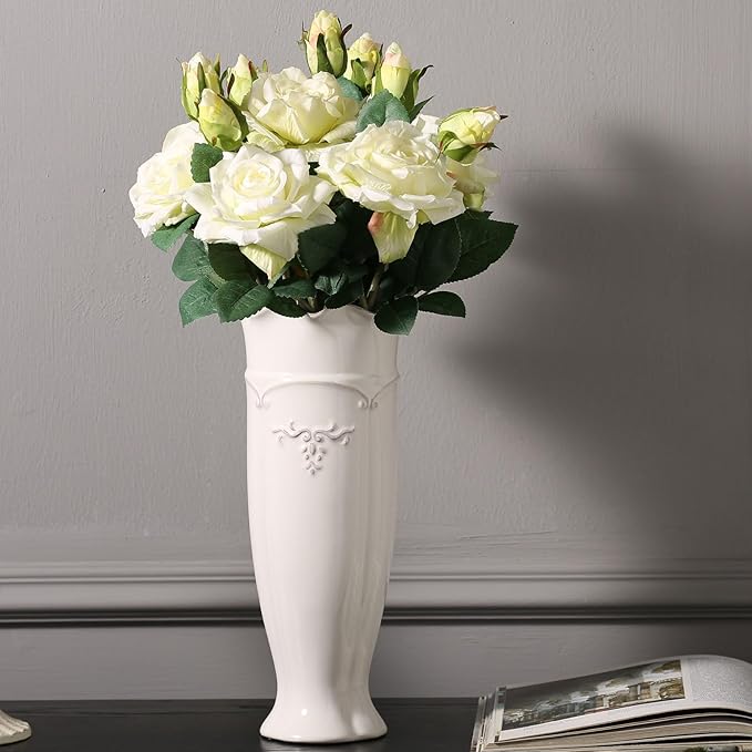 hjn White Vase for Flowers, Ceramic vase for Home Decor French Rustic Vase for Kitchen/Table/Living Room/Shelf/Mantel/Office-Height-11.6"