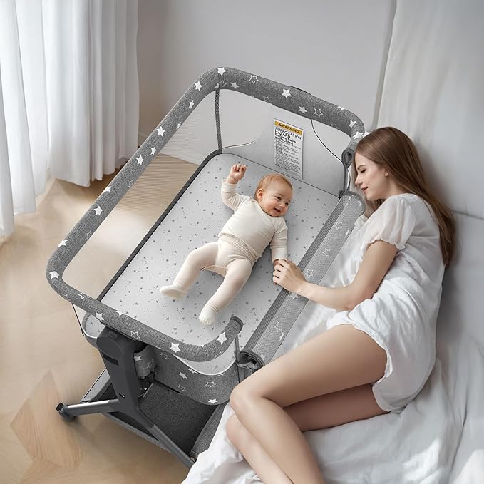 3 in 1 Baby Bassinet, Rocking Bassinet Bedside Sleeper with Comfy Mattress and Breathable Mesh, 6 Height Adjustable & Upgraded Wheels Portable Bedside Crib for Newborn