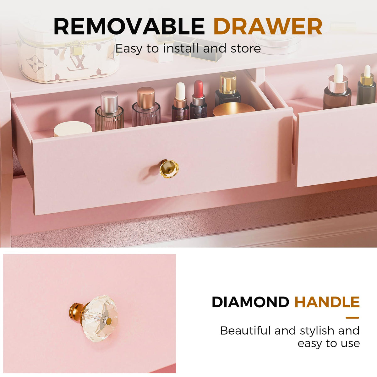 COMHOMA Vanity Desk with LED Lights Mirror & Power Outlet, Small Makeup Vanity Table Set with 5 Storage Drawers, 3 Lighting Modes & Adjustable Brightness, Dressing Table for Women Girls Bedroom, Pink