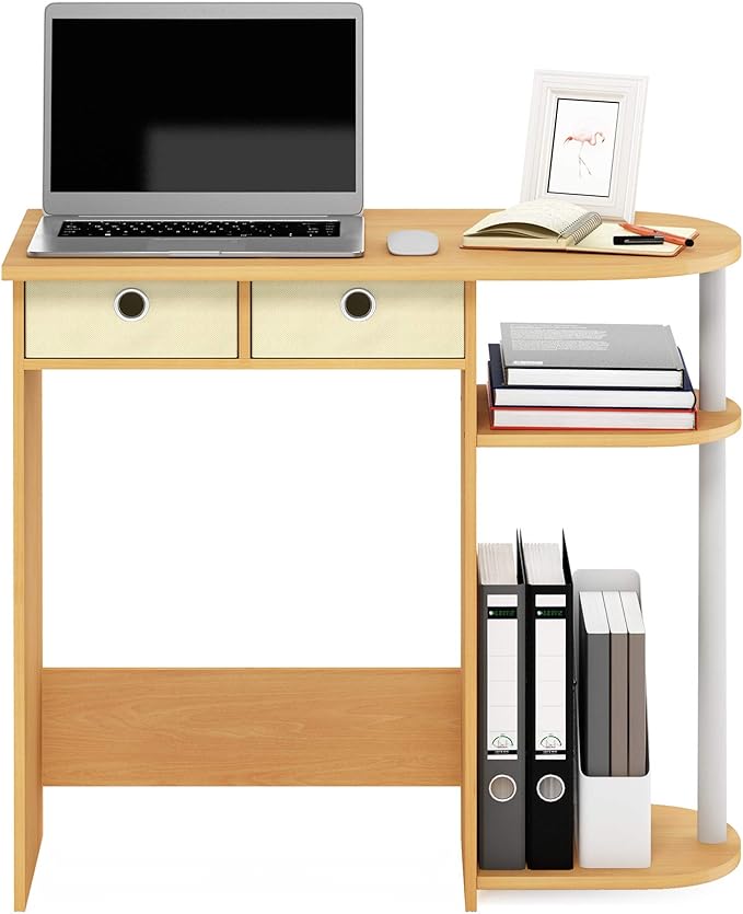 Furinno Go Green Home Laptop Notebook Computer Desk/Table with 2 Drawer Bins, Beech/Ivory/White