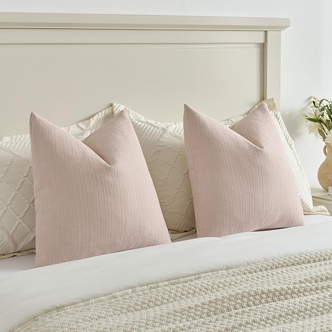 FUTEI Pink Decorative Throw Pillow Covers 18x18 Inch Set of 2,Soft Cozy Wheat Ear Striped Patterns Cushion Cases,Modern Home Decor for Couch Bed Living Room