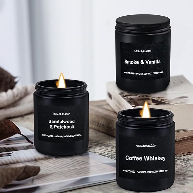 Scented Candle Set, Men Candle Set, Scented Candles for Home, Gifts for Men, 3 Pack Manly Candles Gifts for Mens Scents of Smoke & Vanilla/Sandalwood & Patchouli/Coffee Whiskey