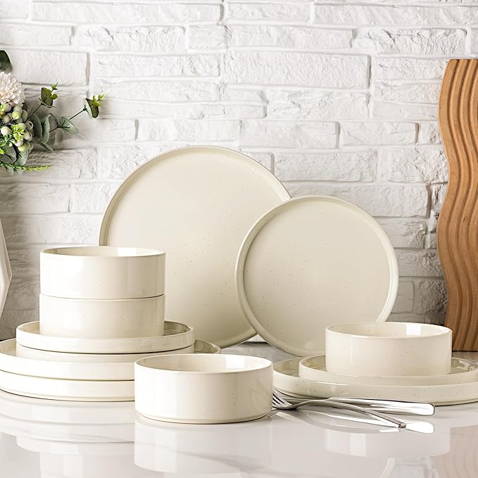 GBHOME Dinnerware Set for 4, 12 Piece Speckled Plates and Bowls Set with Glazed Bottom, Chip & Scratch Resistant Stoneware Plates Sets, Dishwasher & Microwave Safe Dishes (Light Beige, Service for 4)