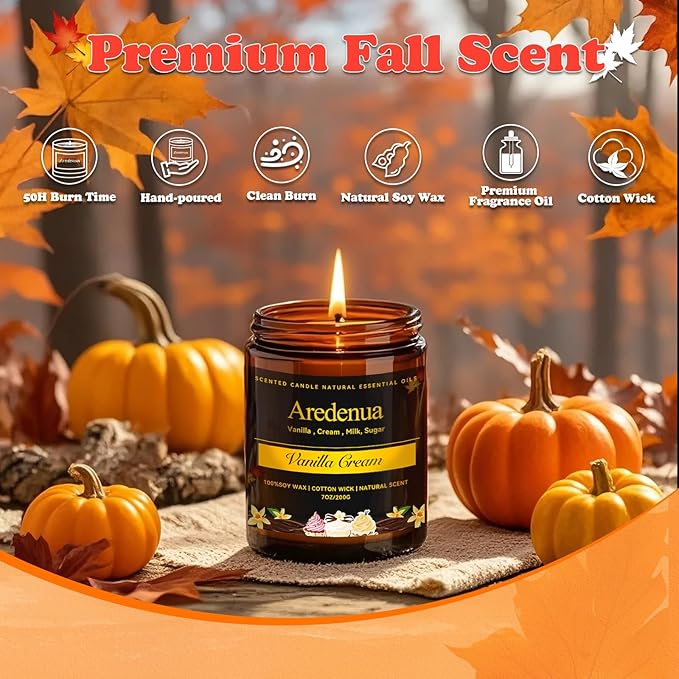 Fall Candles | Vanilla Cream Candle - Autumn Creamy Scented Candle for Home, 7oz Autumn Soy Candles for Home Scented, 50 Hours Burn Time, Fall Gifts for Women Men
