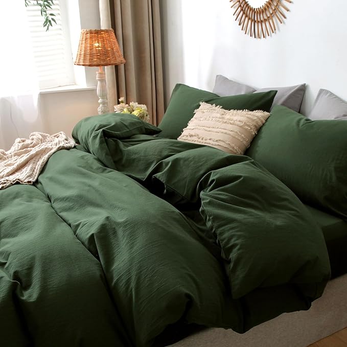 MooMee Bedding Duvet Cover Set 100% Washed Cotton Linen Like Textured Breathable Durable Soft Comfy (Solid Forest Green, Super King 108"x98")