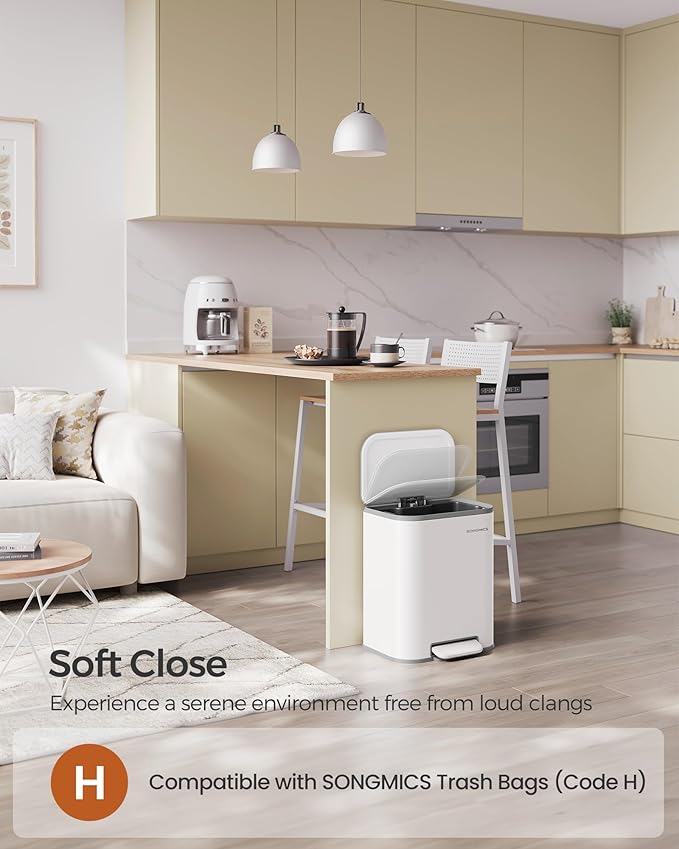 SONGMICS Kitchen Trash Can, 5.2-Gallon (20L) Garbage Can with Lid, Stainless Steel, Soft Close and Stays Open, Inner Bucket, Wide Non-Slip Pedal, Cloud White ULTB542W20