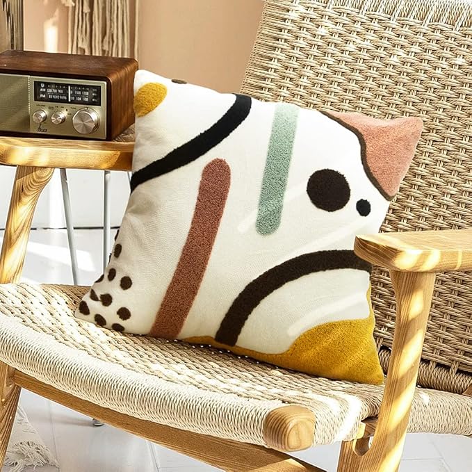 Merrycolor Colorful Boho Throw Pillow Covers 18x18 inch Tufted Modern Abstract Line Art Cute Pillows for Bedroom Aesthetic Embroidered Decorative Pillow Cases for Couch Sofa Bedroom Living Room,1PC
