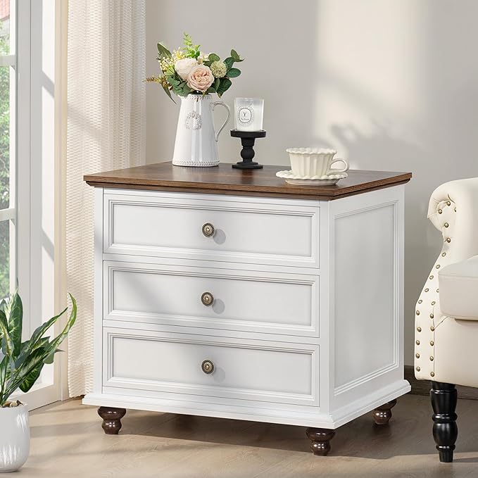 24" Wide Farmhouse Night Stand Set of 2,Large End Table with 3 Drawers & Metal Handle,White Wood Dresser for Bedroom, Bed Side Table Chest of Drawers Cabinet, Nightstand for Living Room,Closet