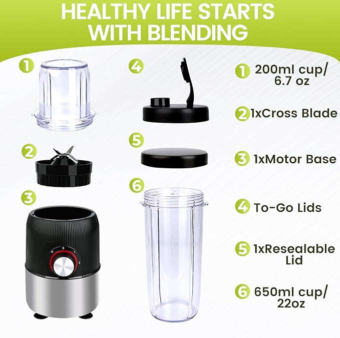 Smoothie Blender,1000W Max Blenders for Shakes and Smoothies in Kitchen, With Two Portable Bottle and Spout Lids(1 * 27oz&1 * 6.7oz),Coffee Grinder, 3 Modes Nutritional Recipe Blender,Black