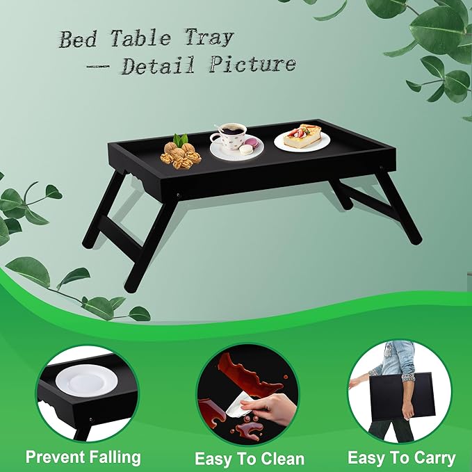 Bed Tray Table for Eating with Folding Legs, Bamboo Breakfast Table in Bed for Eating on Couch, Bed, Laptop Computer Tray(Black, Medium)