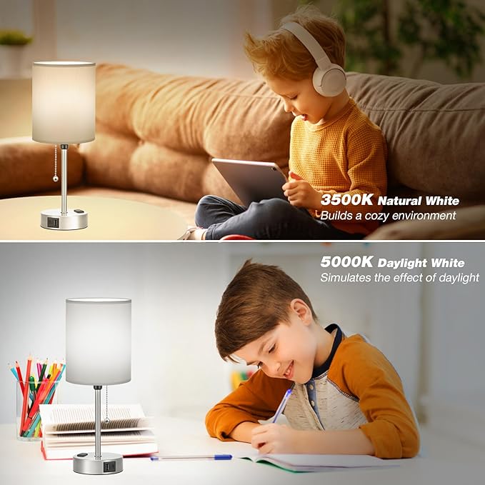 Grey Bedroom Lamp for Nightstand - 3 Color Temperature Table Lamp with USB C and A Ports, Pull Chain Bedside Lamp with AC Outlet, Desk Lamp with Silver Metal Base for Kids Girls
