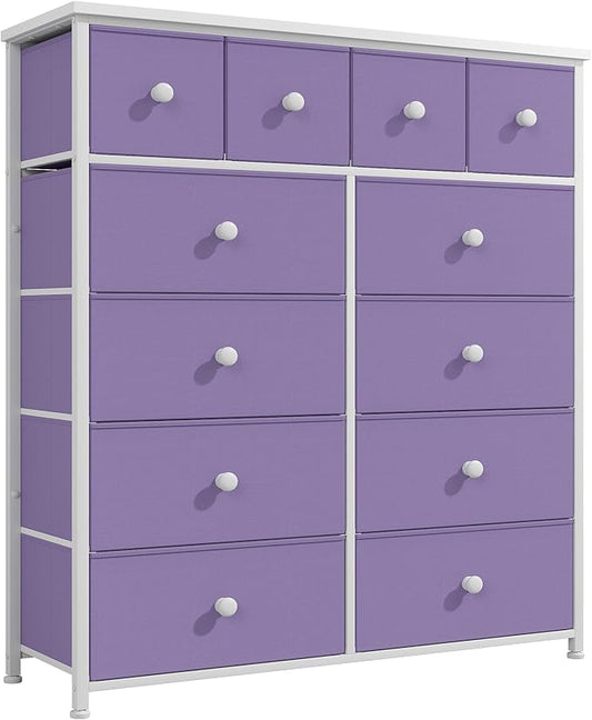 Dresser for Bedroom with 12 Drawers Tall Dressers for Bedroom Fabric Dressers & Chest of Drawers with Sturdy Metal Frame, Wood Top, for Woman, Closet, 40.6" W x 11.8" D x 44.5" H (Purple)