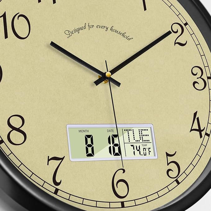 SCAOGE Retro Analog Wall Clock with Date Temperature Day Vintage Ivory Silent Battery Operated Digital Clocks with Week Large Display Clock Decorative for Living Room Kitchen Office Bathroom 14 Inch