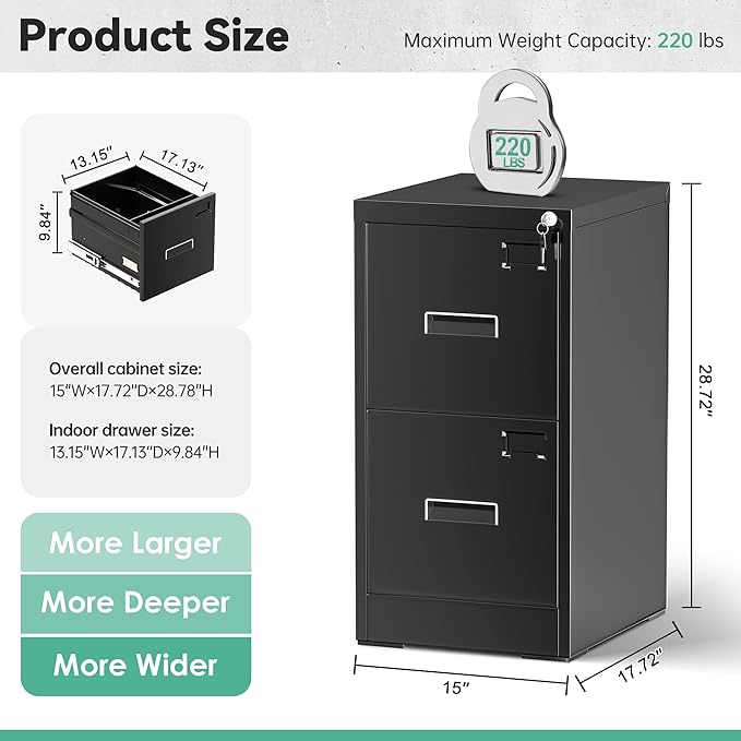 Bonusal Vertical l File Cabinet 2 Drawer, Metal Lateral Filing Cabinet with Lock, Locking Horizontal Drawers File Cabinets for Legal/Letter / A4 / F4 Size for Home Office, Steel, Heavy Duty, Black