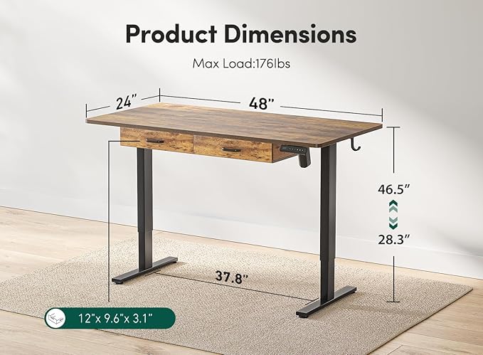 FEZIBO 55 x 24 Inches Standing Desk with Double Wooden Drawers, Adjustable Height Electric Standing Desk, Stand Up Home Office Desk with Splice Tabletop,Black Frame/Rustic Brown Top