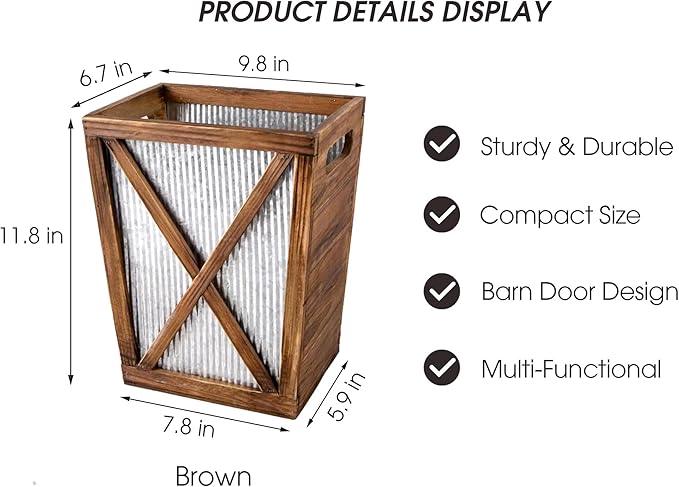 Small Wood Trash Can Wastebasket, Decorative Barn Door Garbage Can Waste Basket, Rustic Distressed Rectangular Trash Bin, Farmhouse Wooden Storage Basket Waste Paper Bin (Brown)