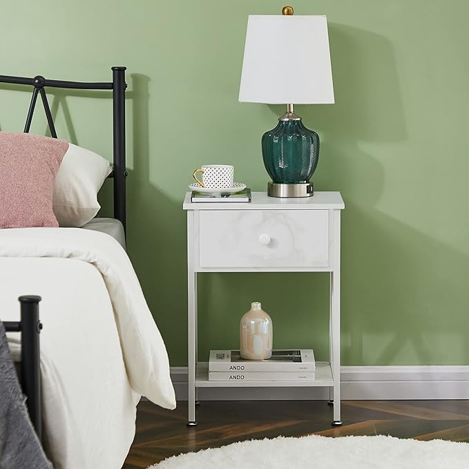 VECELO Nightstand,Modern Bedside End Table, Night Stand with Drawer and Storage Shelf for Living Room Bedroom, Industrial Metal Frame