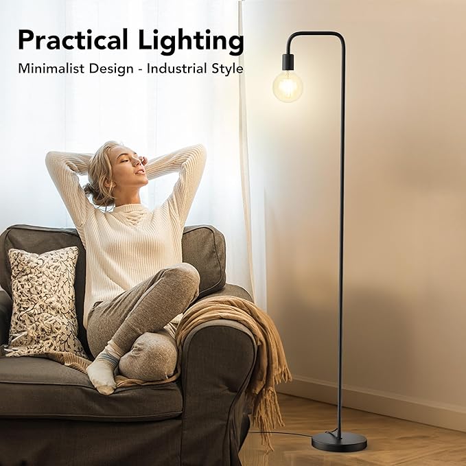 QiMH Industrial Floor Lamp with Light Bulb,Metal Tall Standing Lamp,Tall Modern Black Led Floor Lamp for Home Decor Bedroom Reading Office, Black