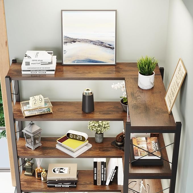 Corner Bookshelves and Bookcases Industrial Corner Etagere Bookcase L Shaped Shelf 6 Tiers with Metal Frame for Living Room Home Office