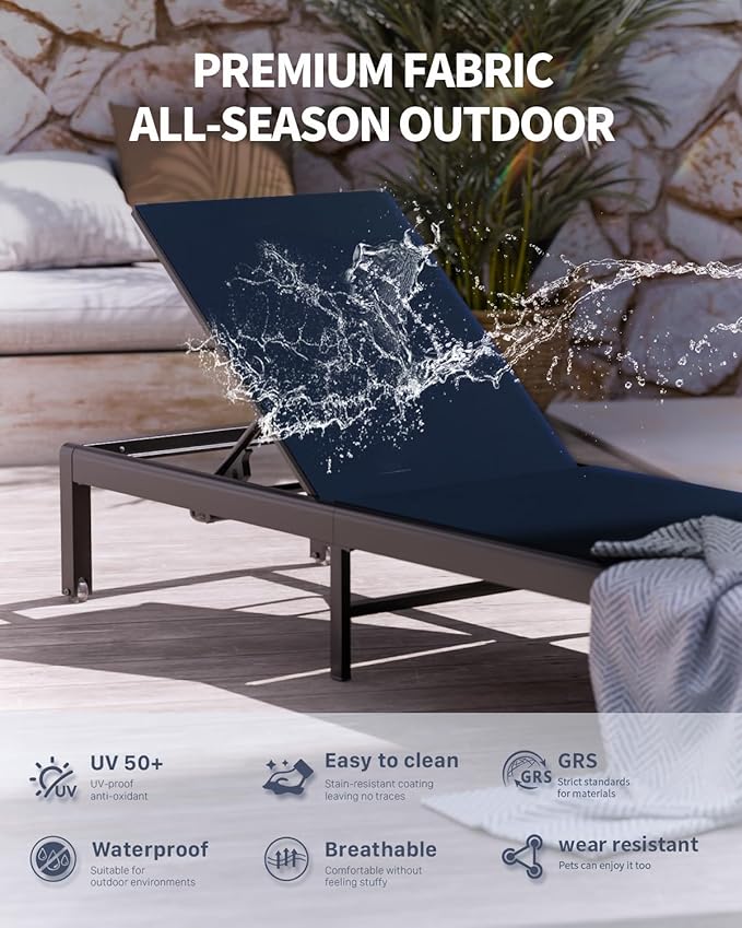 Aluminum Lounge Chairs Outdoor Chaise Furniture,2 Sets Patio Metal Deck Lounger Adjustable 5-Position Poolside Chase Recliner with Wheels for Beach,Coffee Table, (NavyBlue, 1 Chair)