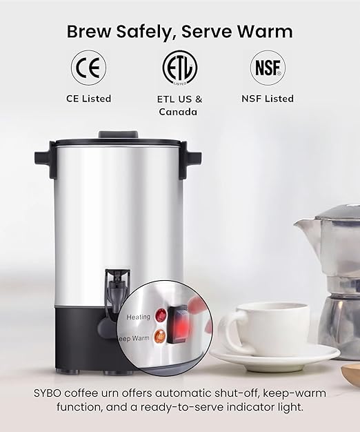 SYBO SR-CP40C Commercial Grade Stainless Steel Percolate Coffee Maker, Hot Water Urn for Catering, Hot Beverage Dispenser, 45-Cup, 4.5L, Metallic