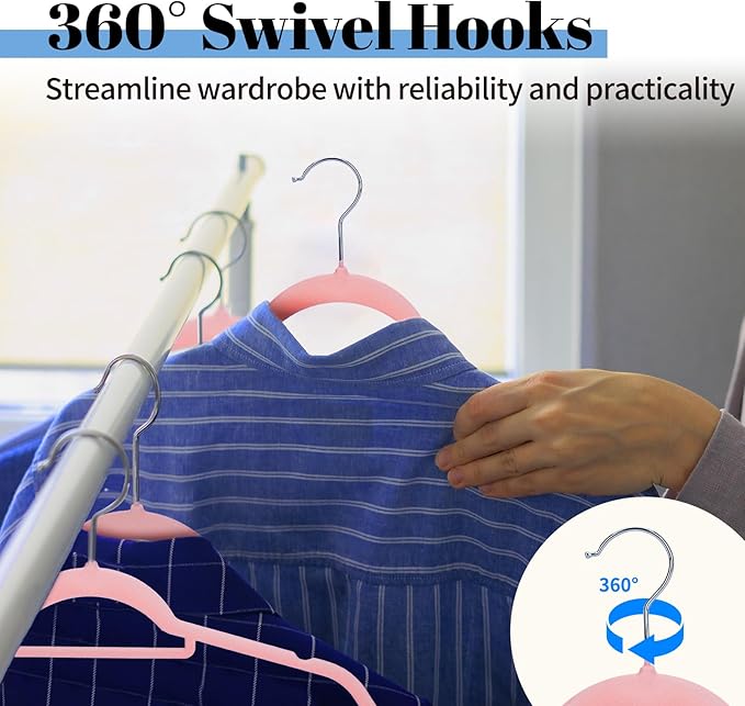 Smartor Pink Velvet Hangers 60 Pack, Space Saving Clothes Hangers with Tie Bar, Non-Slip Felt Hangers with Shoulder Notches, Heavy Duty Suit Hangers for Coat, Shirt, Pants, Dress