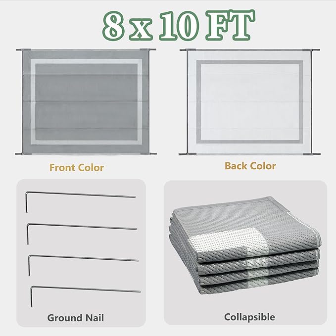 Ogrmar 8x10 FT Reversible Mats, Outdoor Rug for Patio Clearance, Waterproof Carpet, Plastic Straw Rug for Indoor Outdoor, Floor Mat&Rug for RV Porch Camping Backyard Deck Balcony Beach Trailer (Gray)