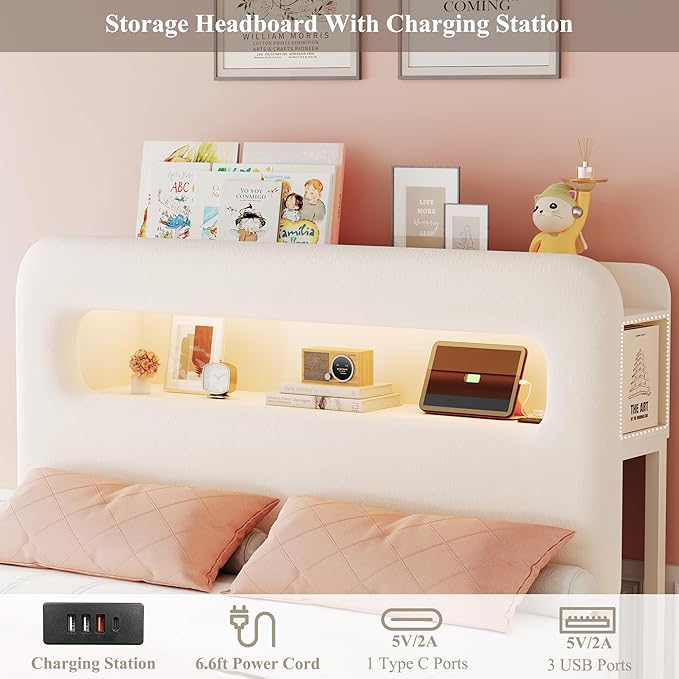 HOSTACK Queen LED Bed Frame with Storage Headboard and Charging Station, Kids Bed Frame with 4 Drawers and USB Ports, Velvet Upholstered Platform Bed Frame with Bookcase, No Box Spring Needed, Cream