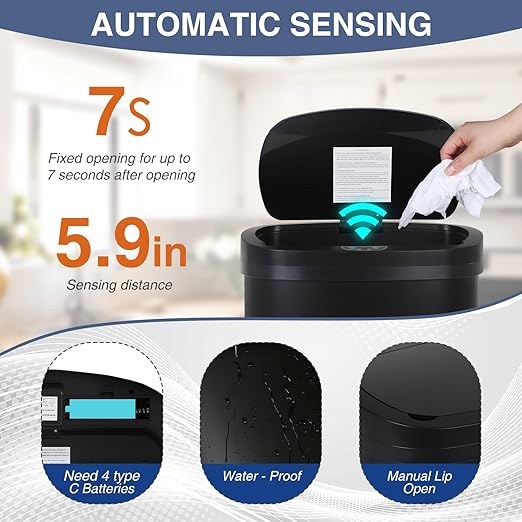 PayLessHere 13 Gallon Trash Can Kitchen Trash Can Automatic Garbage Can with Lid Touch Free High-Capacity Motion Sensor for Kitchen Bedroom Bathroom Office Trash Bin (1, Black Stainless Steel)