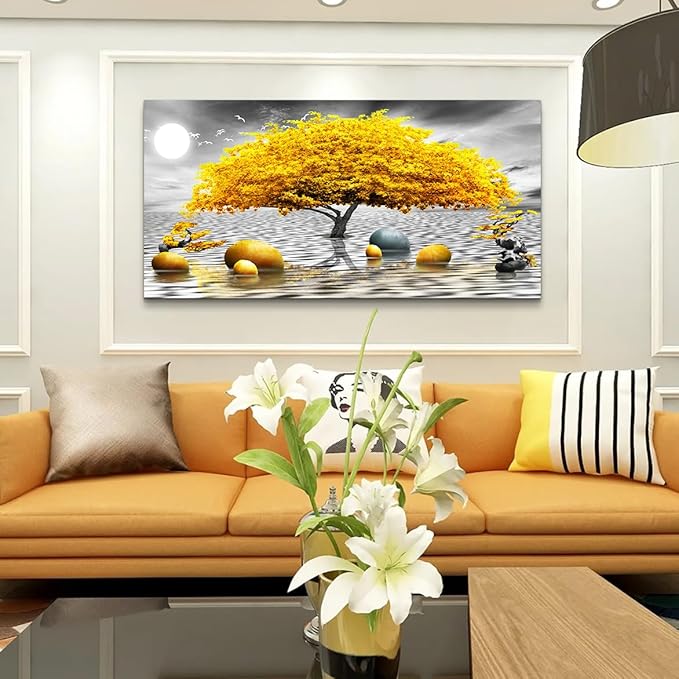 Wapluam Farmhouse Canvas Wall Art For Living Room Large Wall Decor Art For Office Black And White Wall Painting Yellow Tree View Wall Pictures Framed Prints Artwork Bedroom Home Decoration 30"X60"