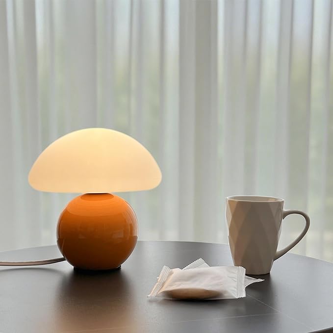 Mushroom Lamp Ceramic Base,Orange Cute 70s Mid Century Modern Decor Lamp for Bedroom,Small Abstract Table Bedside Glass Mood Coze Fun Warm Light