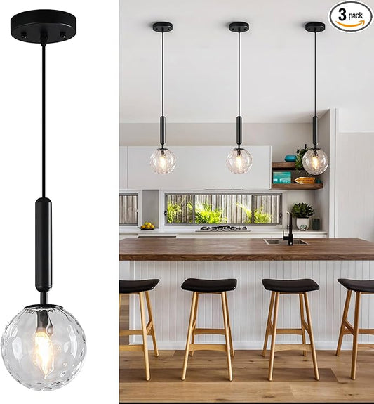 Modern Black Pendant Light Hanging Fixture Light for Kitchen Island Mid Century with Globe Pendant Light Clear Glass Pendant Lighting for Living Room Bedroom Entryway (3 Pack)