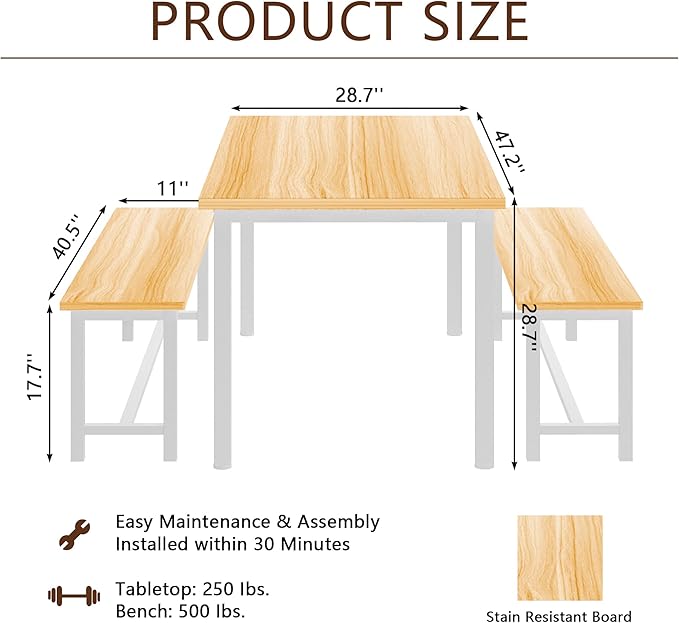Lamerge Kitchen Table Set with 2 Benches 4 Person Dining Room Table Set for Home Kitchen, Dining Room, Restaurant, Space Saving, 47.2inch Table and 41.3inch Bench, Beige