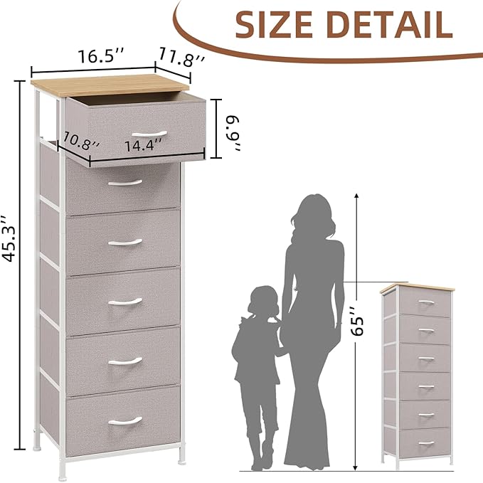 Somdot Tall Dresser for Bedroom with 6 Drawers and Side Pockets, Storage Organizer Chest of Drawers with Fabric Bins for Closet Bedside Nursery Living Room Entryway Hallway, Ash Grey